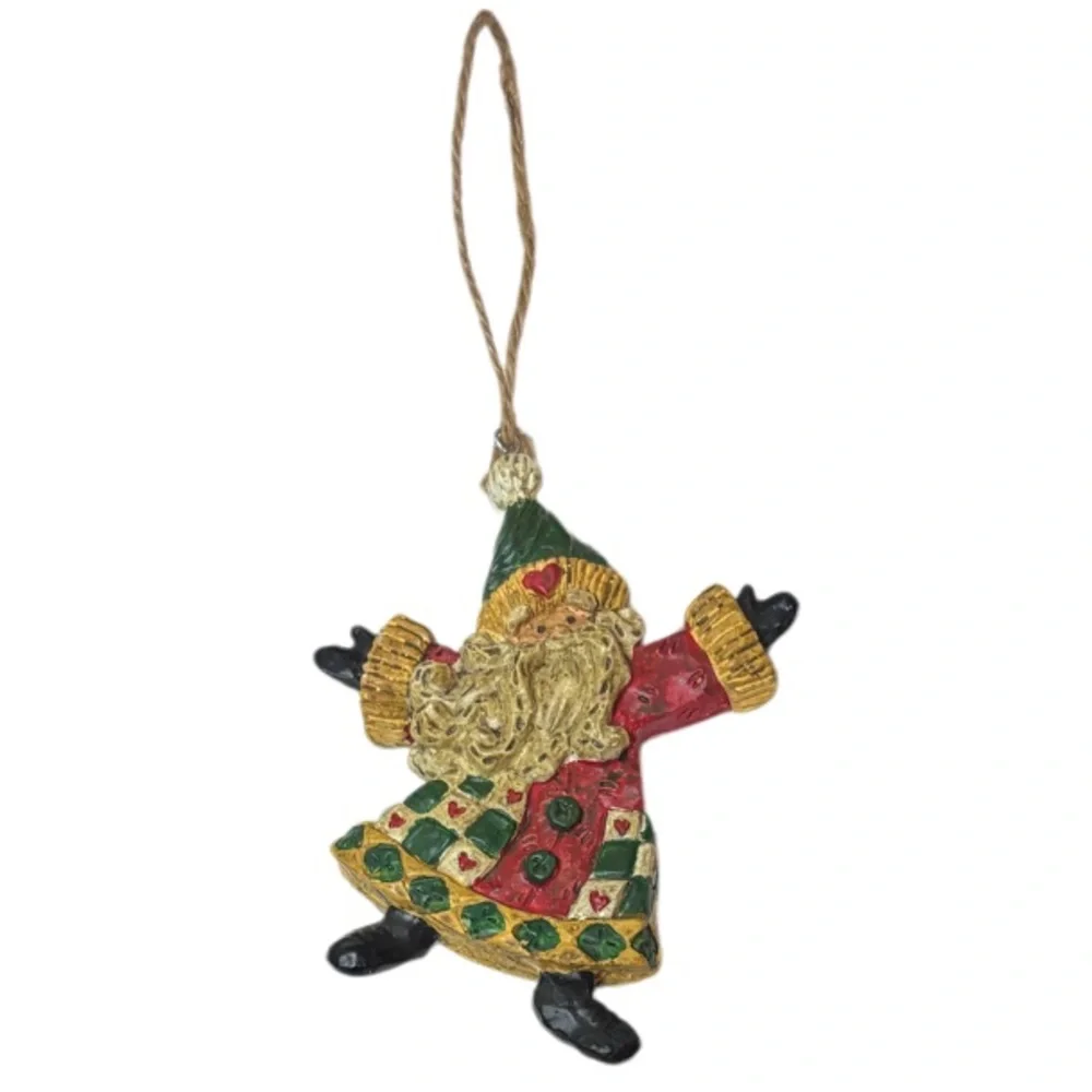Whimsical Christmas Ornaments Hand Crafted Vintage Snowman Santa 2 Pc Set Red